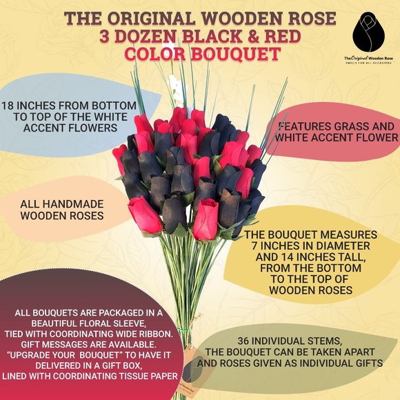 3 Dozen Black and Red Wooden Rose Flower Bouquet. The Original Wooden Rose - Picture 3 of 8